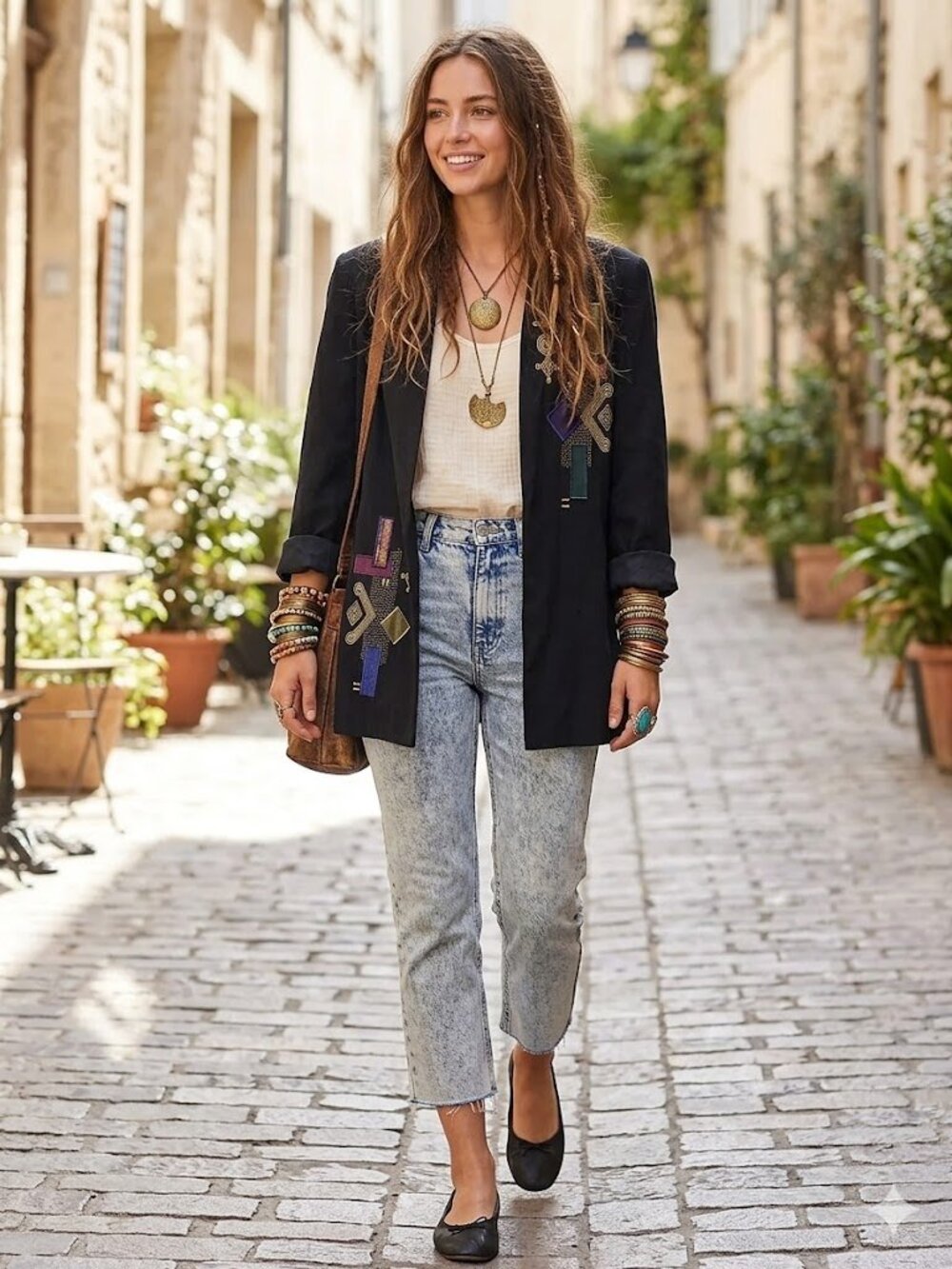 City Girl Black Embellished Open Jacket with Colorful Geometric Accents